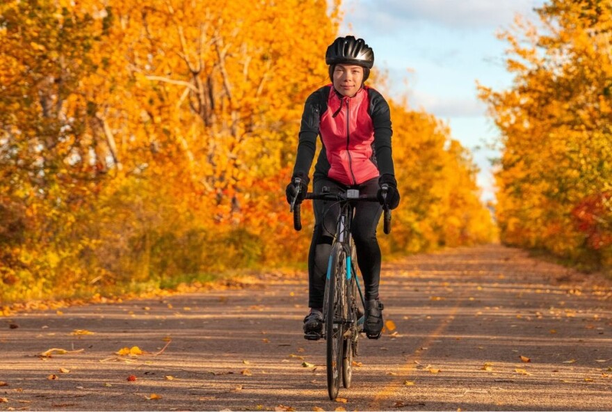 Woman cyclist riding bike down country road flanked by trees with golden autumn leaves