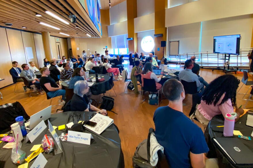 Boston Public School educators attend a training on AI systems at BPS headquarters at the Bruce C. Bolling Building on Aug. 25, 2026. (Suevon Lee/WBUR)