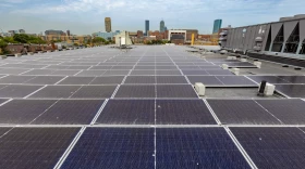 The solar array on the rooftop of a Boston Medical Center building provides power for the building as well as credits for the Clean Power Prescription program.