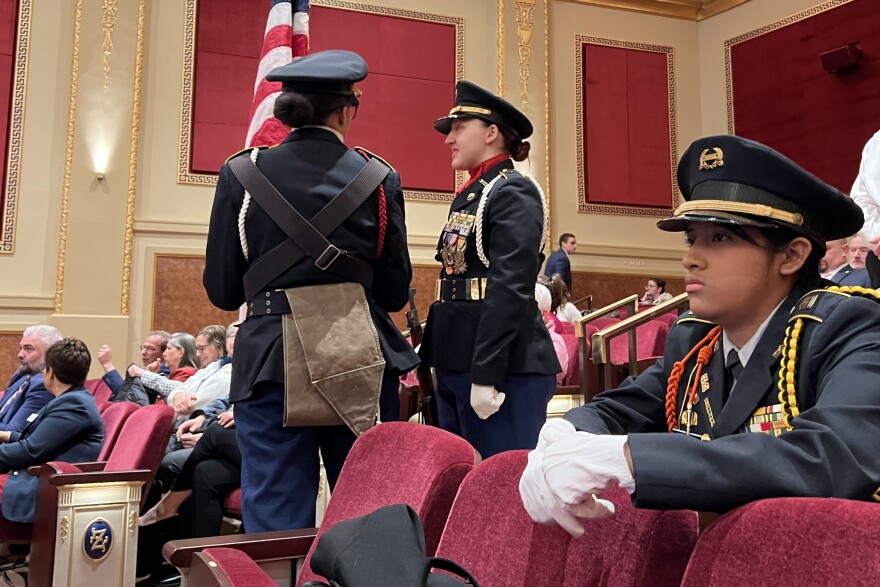 Members of New Bedford High School's Junior Reserve Officers' Training Corps prepare to post the flags for the State of the City address, April 8, 2026.