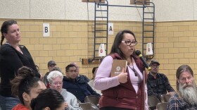 Laurie Harper, education director for the Leech Lake Band of Ojibwe, addresses the Bemidji Area School Board at a meeting on closing J.W. Smith Elementary School on March 17, 2026.