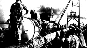 A photocopy of a photo of Line 5 being installed in 1953.