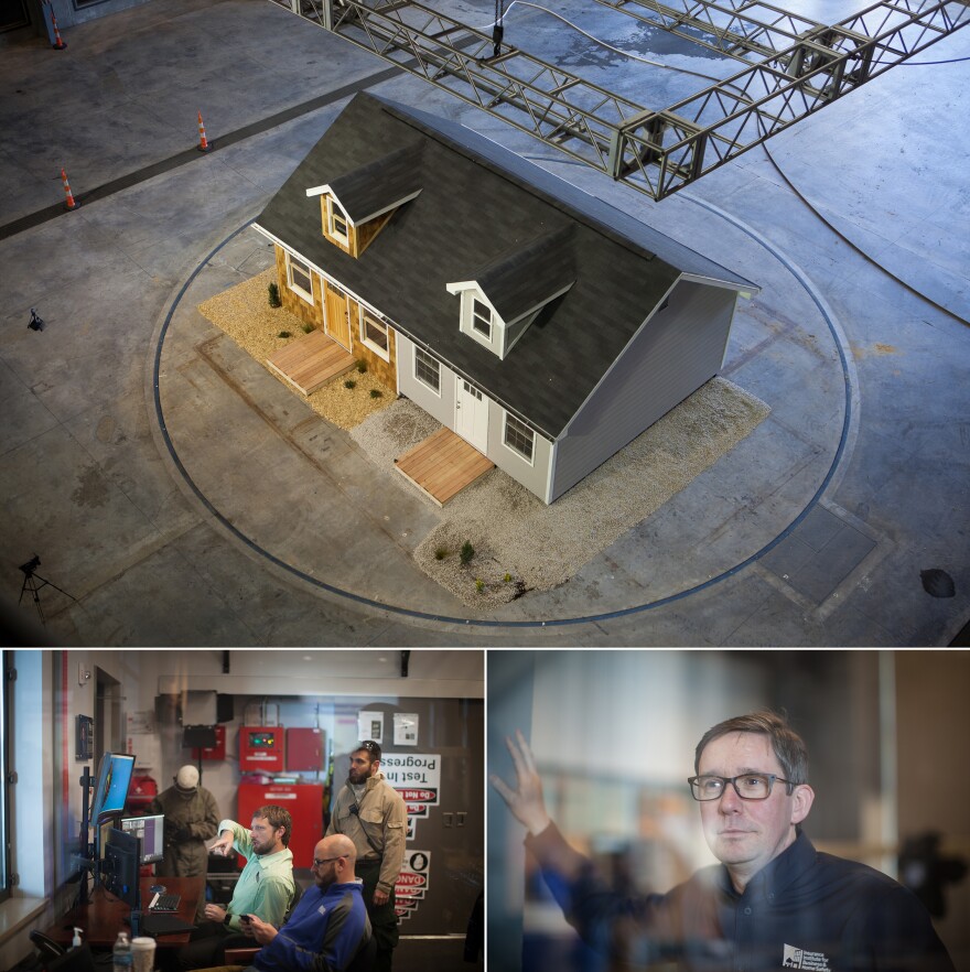 Top: Half of the test home has cedar siding and other common combustible building materials. The other half has common fire-resistant materials such as cement siding. Bottom left: Fire engineer Daniel Gorham (far right) monitors the test from a control room at the Insurance Institute for Business & Home Safety research facility. Bottom right: Roy Wright is the institute's president and CEO.