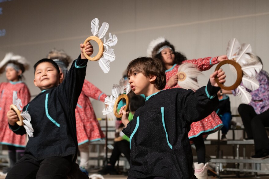 Kindergartners from Ayaprun Elitnaurvik dance on the Cama-i stage for the first time.