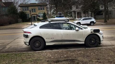 A Waymo autonomous vehicle is parked Thursday, March 26, 2026, on Marshall Avenue in St. Paul.