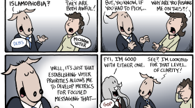 Panel 1: A donkey labeled “Dems” asks a person labeled “Michigan voter,” “What do you think is worse — antisemitism or Islamophobia?” The voter responds, “Both — they are both awful!”

Panel 2: The donkey presses, “Totally, totally. I get that… but, you know, if you had to pick…” The voter replies, “I’m telling you they’re both awful! Why are you pushing me on this?”

Panel 3: The donkey explains, “Well, it’s just that establishing voter priorities allows me to develop metrics for focused messaging that—”

Panel 4: An elephant labeled “GOP” joins and says, “FYI, I’m good with either one.” The donkey adds, “See? I’m looking for that level of clarity!” The voter looks frustrated, holding their head.