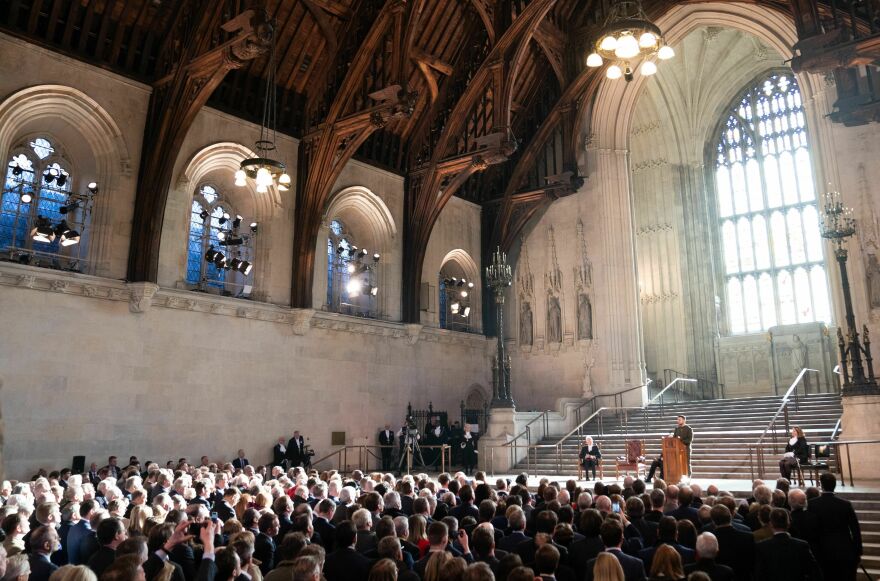 Ukraine's President Volodymyr Zelenskyy addresses British parliamentarians in Westminster Hall, inside the Palace of Westminster, home to Britain's House of Commons and House of Lords, in central London on Wednesday.