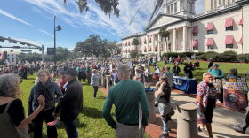 Around 2,000 people crowded the lawn at Florida’s Old Capitol on Saturday, Oct. 17, 2026 for a No Kings rally. Attendance was down from previous events. (Photo by Michael Moline/Florida Phoenix)