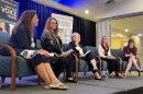 Panelists speak during the Housing to Protect Cape Cod summit, Oct. 17, 2024. From left: Donna Kalinick, assistant town manager in Brewster; Amanda Bebrin, director of housing advocacy at the Community Development Partnership; Jacqueline Beebe, town manager in Eastham; Elizabeth Jenkins, assistant director of planning and community development for the town of Orleans; and moderator Lauren Barker, vice president of strategy and government relations for the Cape Cod Chamber of Commerce.