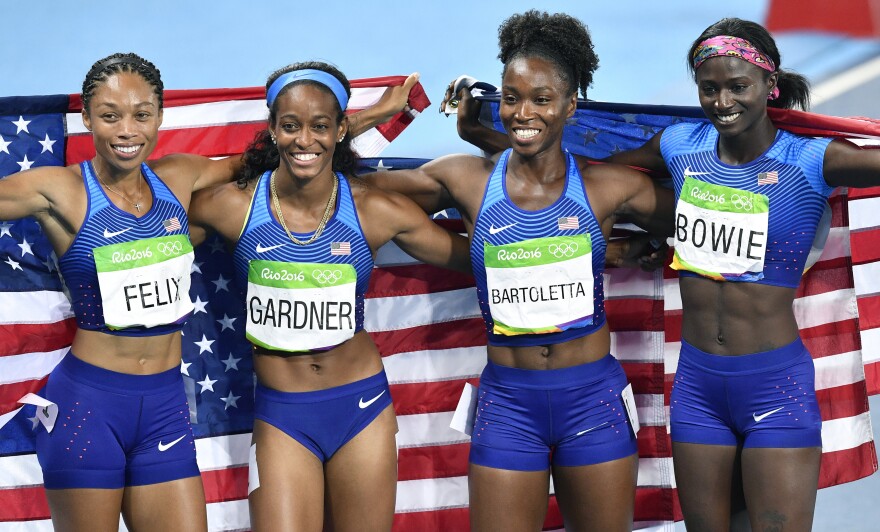 The U.S. women won the 4x100-meter relay on Friday night in Rio. From left, Allyson Felix, English Gardner, Tianna Bartoletta and Tori Bowie ran a time of 41.01, the second-fastest ever. Felix won the fifth gold medal of her career, the most ever by a woman track athlete.