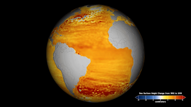 This visualization shows total sea level change between 1992 and 2019, based on data collected from the TOPEX/Poseidon, Jason-1, Jason-2, and Jason-3 satellites. Blue regions show where sea level has gone down, and orange/red regions show where sea level has gone up. Since 1992, seas around the world have risen an average of nearly 6 inches.