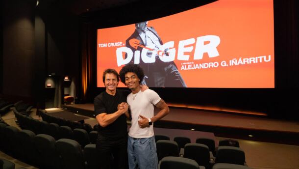 Tom Cruise, left, with Jalen Batiste Waddell, 22, of South Bend, at a recent screening of Cruise's movie, Digger, for social media creators and influencers.