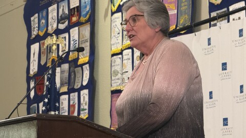 University of Alaska President Pat Pitney delivers her sixth and final State of the University address March 19, 2026, in Fairbanks, Alaska. She is set to retire in May.