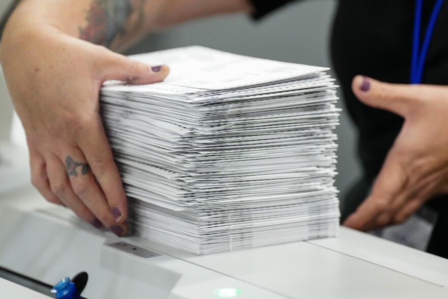 Lehigh County voter registration workers sort mail-in ballots Nov. 7, 2023, at Lehigh County Government Center in Allentown, Lehigh County, Pennsylvania. (Matt Smith / For Spotlight PA)