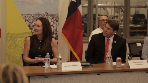U.S. Congressman Jodey Arrington with U.S. Department of Agriculture Secretary Brooke Rollins at the USDA cotton classification complex in Lubbock, Texas, on April 16, 2025.