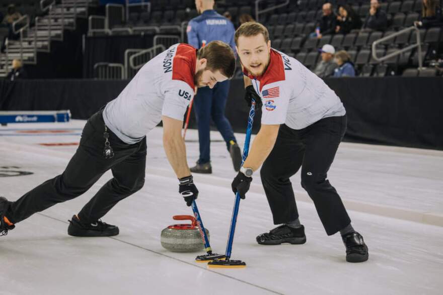 Ben Richardson (left) is known as the 'Curling Cello Guy.' (Courtesy of USA curling/Michael Woolheater)