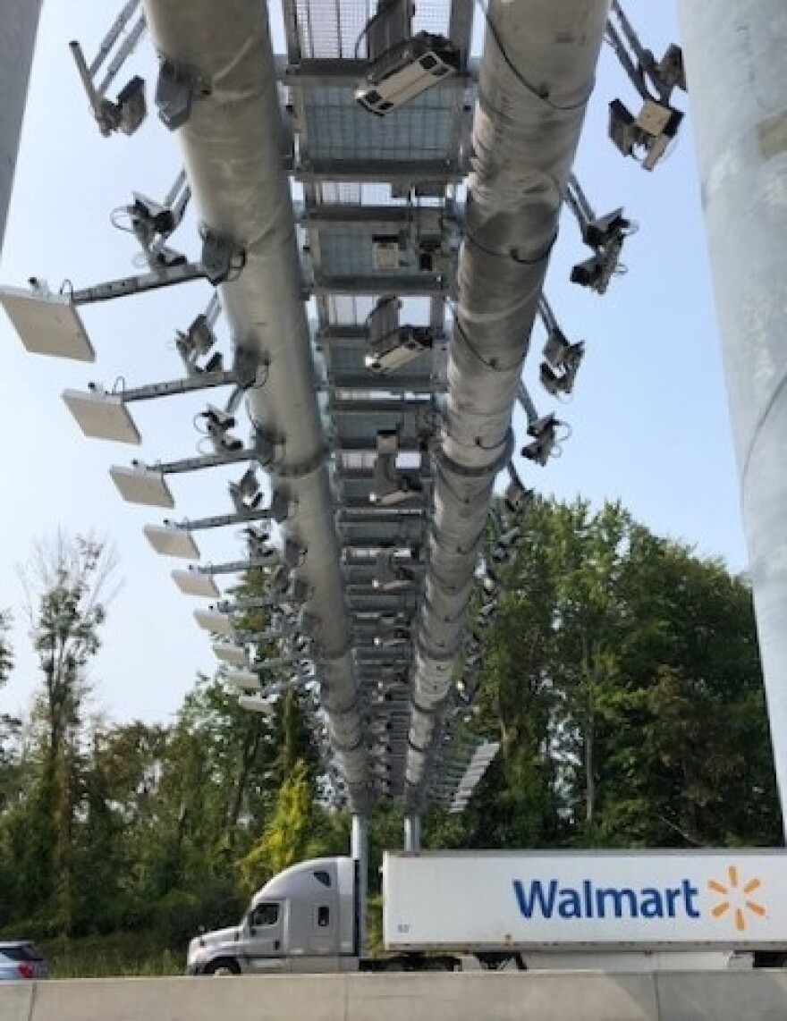 A cashless tolling gantry between Exits 23 and 24 of the Thruway.