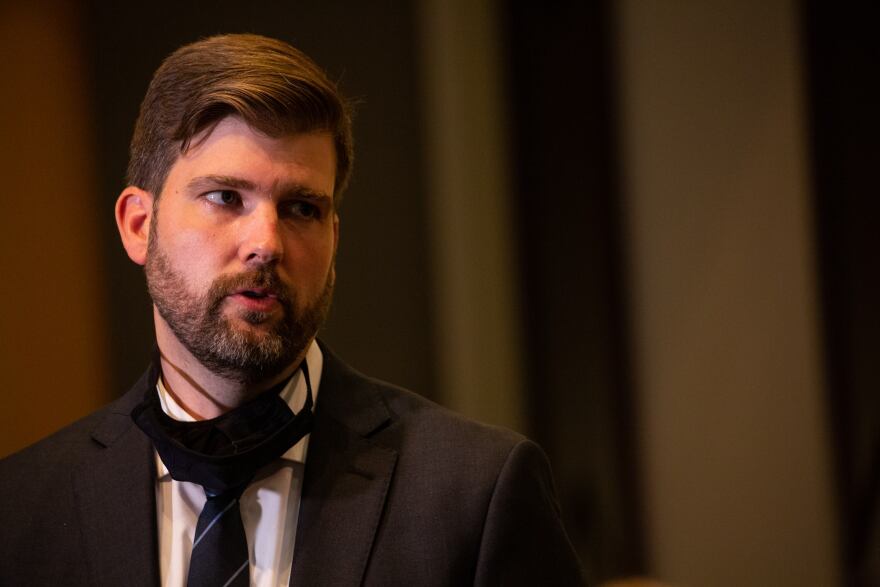 District Attorney Mike Schmidt at a press conference Aug. 30, 2020, in Portland, Ore. A man was shot and killed the previous night as a Trump car caravan rolled through downtown.