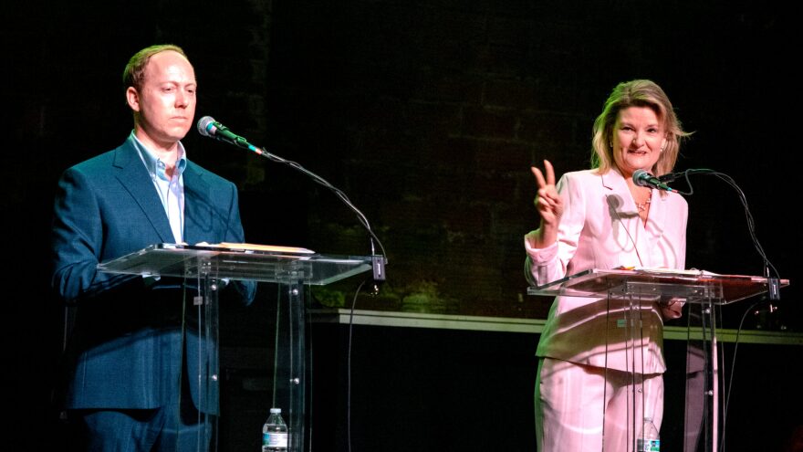 State Sens. Ethan Corson and Cindy Holscher — Democratic candidates for governor —participate in an April 26, 2026, forum at the Aztec Shawnee Theater.