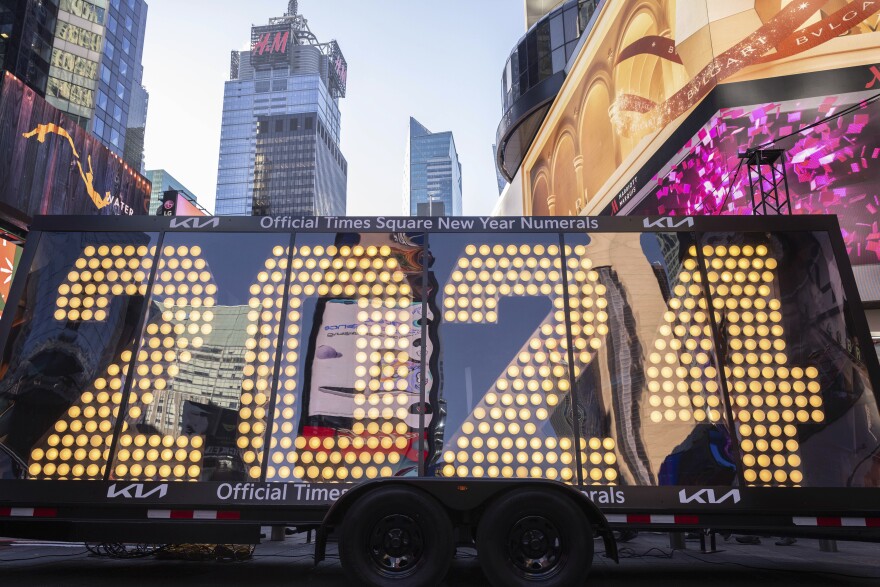 The 2024 New Year's Eve numerals are displayed in Times Square, Wednesday, Dec. 20, 2023, in New York. (AP Photo/Yuki Iwamura)