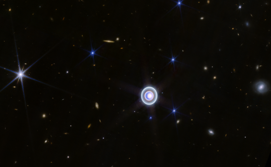 This image of Uranus from NASA’s James Webb Space Telescope shows the planet and its rings in new clarity. This image also shows 14 of the planet’s 27 moons: Oberon, Titania, Umbriel, Juliet, Perdita, Rosalind, Puck, Belinda, Desdemona, Cressida, Ariel, Miranda, Bianca and Portia.