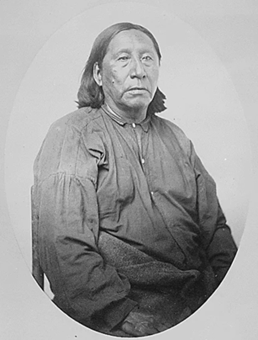Little Raven, head chief of the Southern Arapaho and signer of the Little Arkansas Treaty of 1865. William A. Bacon was one of the soldiers present at the treaty negotiations.