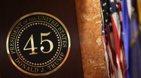 A former President Donald Trump seal is seen inside of Trump Tower in New York City.