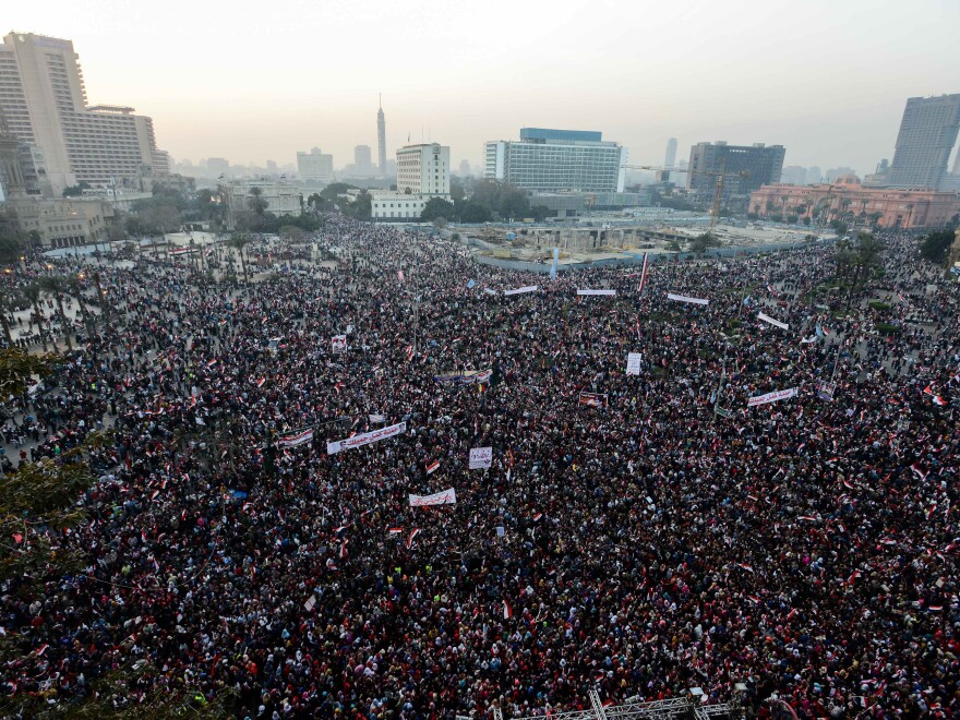 Egyptians gather in Cairo's Tahrir Square on Sunday during a rally marking the anniversary of the 2011 Arab Spring uprising.