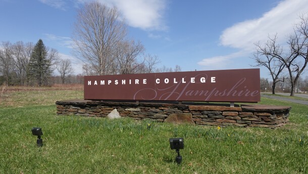 The Hampshire College sign at the entrance to the campus.