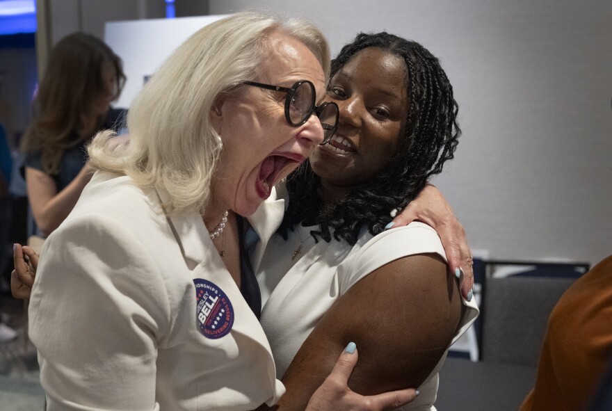 Former Mo. state representative Stacey Newman, left, celebrates victory alongside Destiny Milloy-Simmons as they get word that U.S. Rep. Wesley Bell, D-St. Louis County, has beaten former U.S. Rep. Cori Bush in Missouri's Democratic primary during Bell’s election night watch party at the Marriott St. Louis Grand on Tuesday, Aug. 4, 2026, in downtown St. Louis. Simmons was a campaign volunteer in the last election while Newman was in charge of managing the Jewish vote.