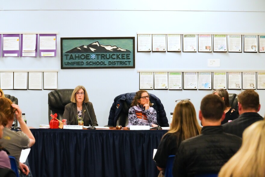 The Tahoe Truckee Unified School district holds a meeting on Wednesday, Dec. 17, 2025 in Truckee, Calif. (AP Photo/Brooke Hess-Homeier)