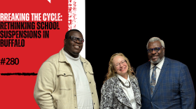 On the left: red background, What's Next? logo, and the episode title and number in black and white text. On the right: black background with photos of this episode's featured guests.