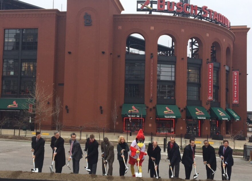 Fredbird and other dignitaries dig in at the ceremonial groundbreaking for phase two of Ballpark Village, across from Busch Stadium, on Dec. 14, 2017.