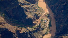 Bright Angel Canyon, damaged by flash floods, runs into the Colorado River in the Grand Canyon, Monday, Aug. 31, 2026, at Grand Canyon National Park, Ariz.