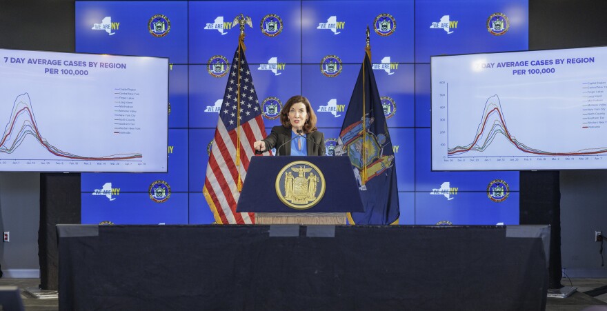  Gov Kathy Hochul gives a COVID-19 breifing in Syracuse on April 20, 2022