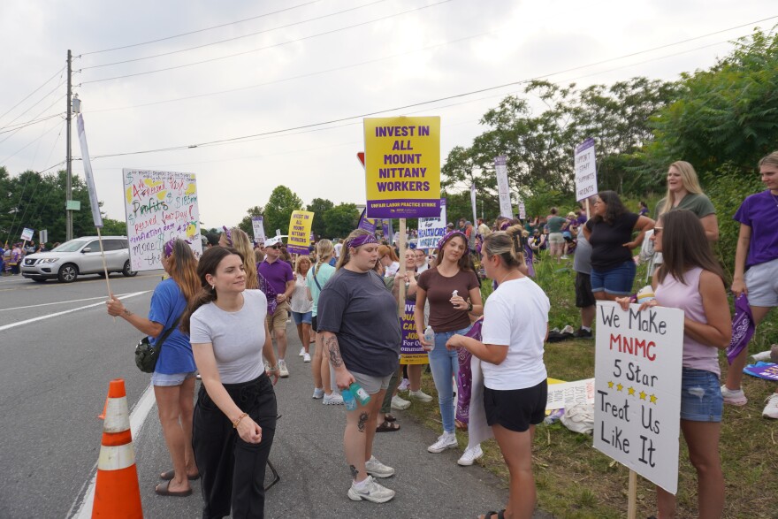 Many people on the picket line outside of the Mount Nittany Medical Center are holding signs calling on hospital leadership for equal wage increases across the board. 