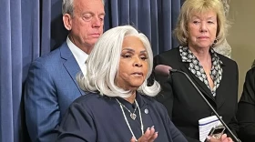 From left: Sen. Dale Fowler, Brenda Myers-Powell and Sen. Julie Morrison show support for SB2323 on Wednesday, March 19, 2025. Myers-Powell was a victim of human trafficking for 25 years.