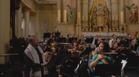 Tenor Chauncey Packer, left, and soprano Taylor J. White, white, rehearse Edmond Dédé's opera Morgiane at St. Louis Cathedral in New Orleans on Jan. 24, 2025, along with members of Opera Lafayette, OperaCréole and the Louisiana Philharmonic Orchestra.