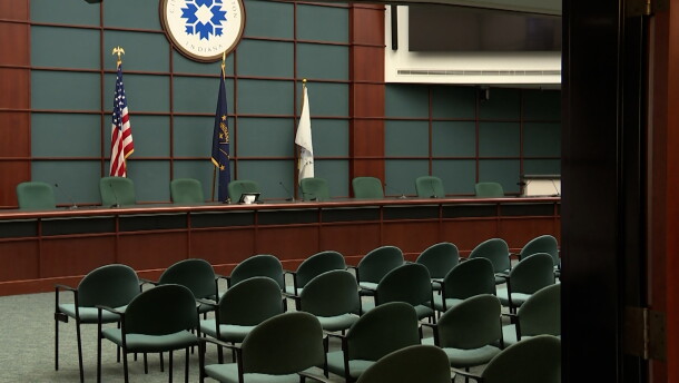The empty Bloomington City Council chambers at City Hall.