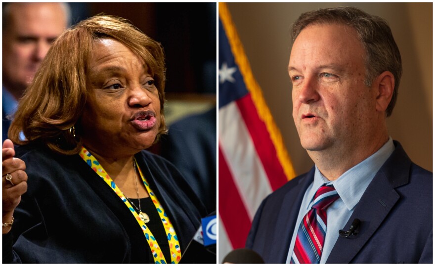 A collage of St. Louis County Council chairwoman Rita Days at left and County Executive Sam Page at right.