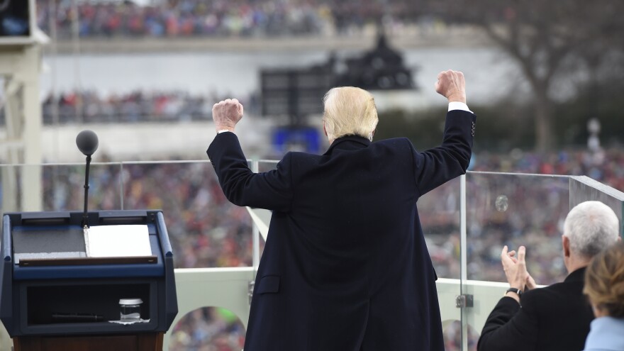 President Trump celebrates after his speech during the presidential inauguration on Capitol Hill.