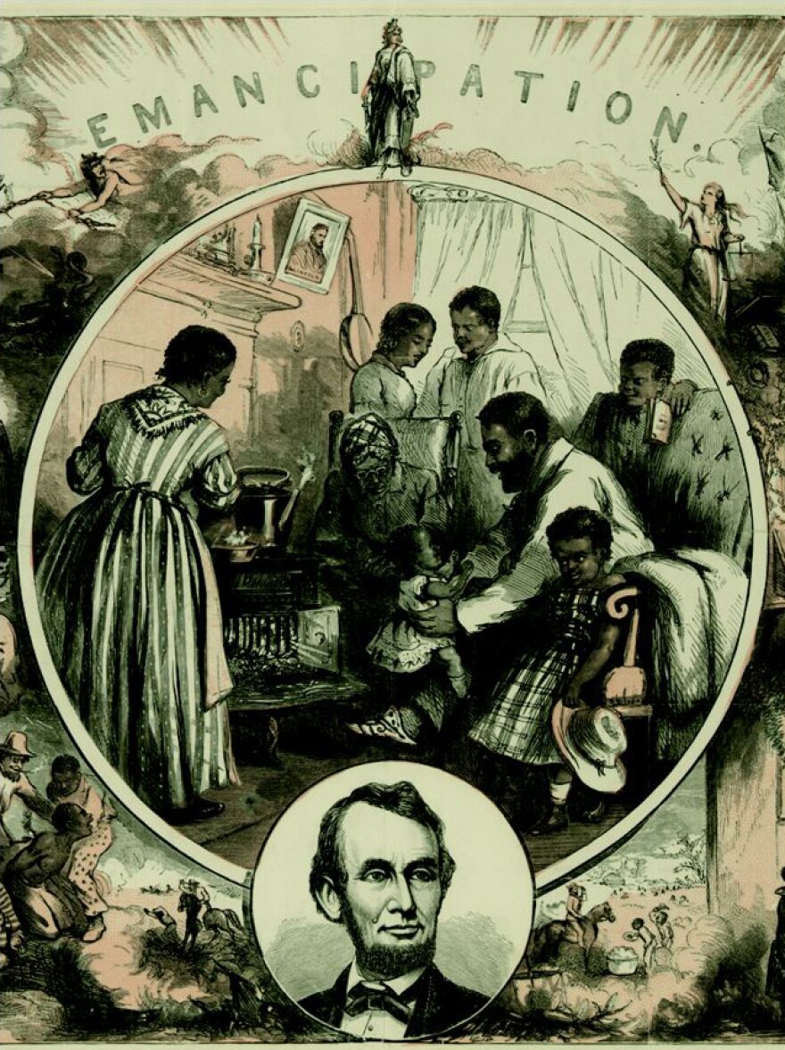 <em>Emancipation</em>, a wood engraving by Thomas Nast in 1865. The official Emancipation Proclamation was signed in 1863.