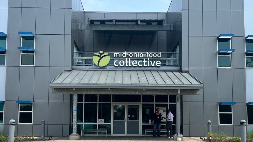 The Front of the Mid-Ohio Food Collective building in Grove City. A gray building that also contains the organizations main food warehouse.