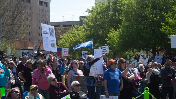 Thousands of protestors gather in downtown Oklahoma City for a third "No Kings" protest Saturday, March 28, 2026.