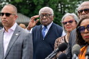 FILE - Rep. Jim Clyburn, D-S.C., center, joined by House Minority Leader Hakeem Jeffries, D-N.Y., left, stands with members of the Congressional Black Caucus during an event outside the Capitol in Washington, May 19, 2026. (AP Photo/J. Scott Applewhite, File)