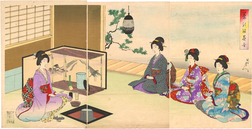 A woodblock print by the artist Toyohara Chikanobu depicts a tea ceremony during the reign of Japan's Emperor Meiji. Under Meiji, tea was included in many schools as part of etiquette training for women.