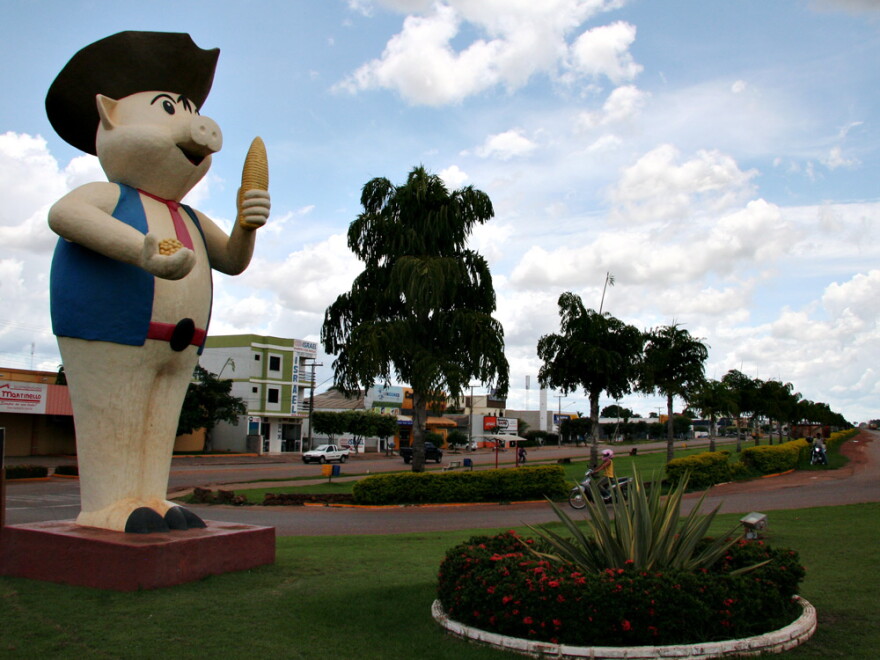 "Lucasinho," or Little Lucas, greets visitors at the entrance to Lucas do Rio Verde. In towns like Lucas do Rio Verde, the Brazilian government has stepped up enforcement of a decades-old law requiring farmers to dedicate 35 percent of their land to the preservation of natural vegetation as part of an effort to reduce the country's greenhouse gas emissions.