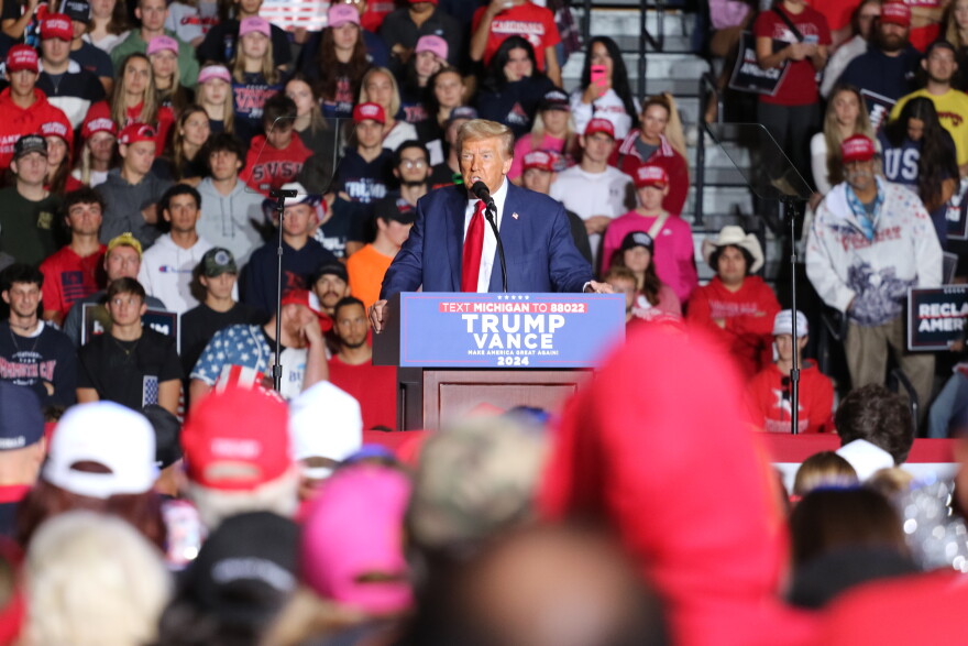 Former President Donald Trump delivering a campaign on the campus of Saginaw Valley State University on Oct. 3, 2024.