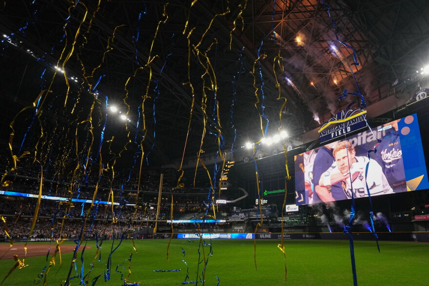 Confetti and fireworks go off during a watch party at American Family Field after the Milwaukee Brewers defeated the Tampa Bay Rays in Game 5 of baseball's World Series, Wednesday, Oct. 28, 2026, in Milwaukee.