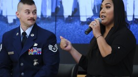 Staff Sgt. Logan Ireland and his wife, Laila, speak about transgender issues at the U.S. Air Force Academy in February 2018.